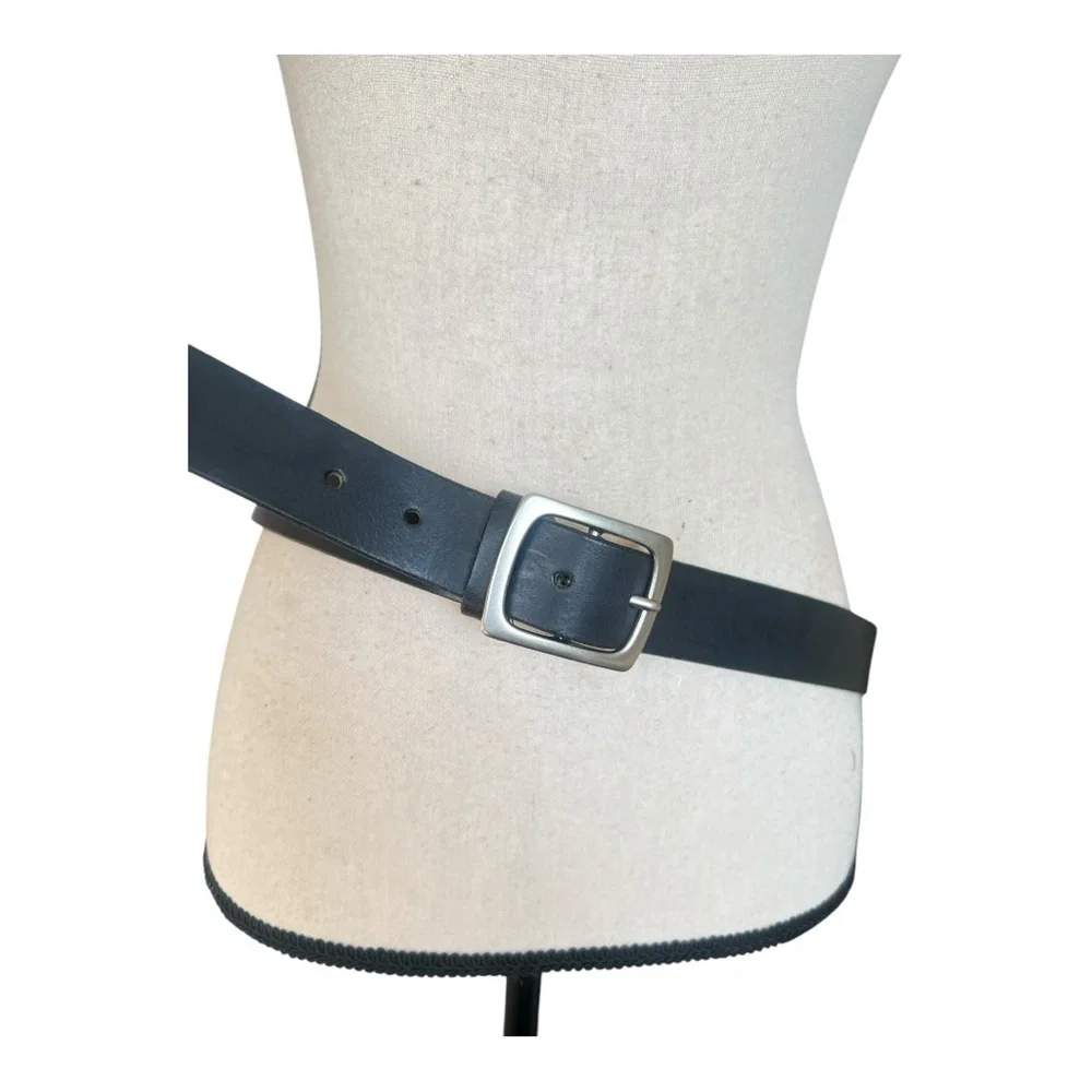 Classic Black Leather Belt with Silver Square Buckle